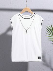 青少年男童休閒字母印花拼接圓領背心上衣 - 白色 - 查看 6