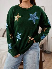 Flirla Women's Plus Size Sequined Star Drop Shoulder Sweater
