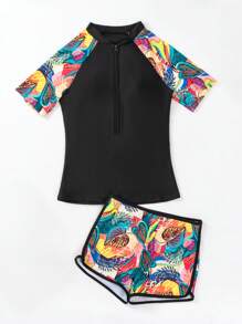 SHEIN Swim Rashguard ngắn tay đi biển mùa hè dành cho nữ - màu đen - Xem 7