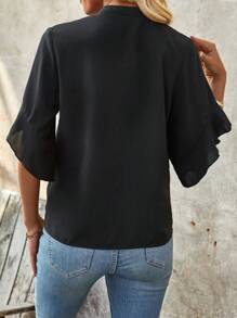 SHEIN Clasi Solid Color Notched Collar Shirt With Ruffle Hem