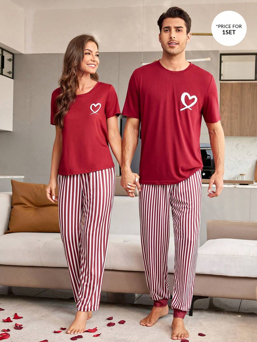 Men's Heart Printed Top And Striped Long Pants Homewear Set - Multicolor - View 1