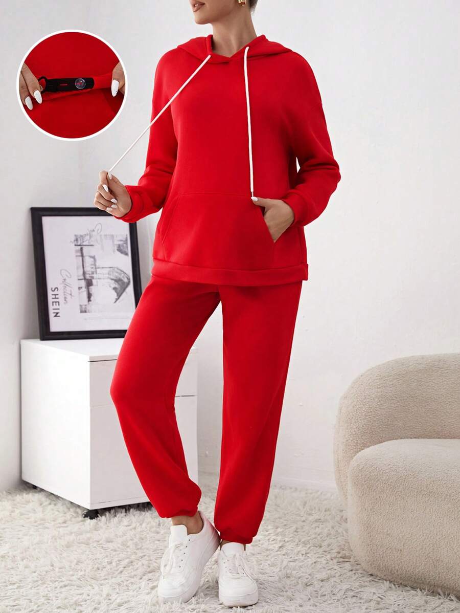 SHEIN 孕婦純色連帽衫和褲子套裝 - 紅色 - 查看 1