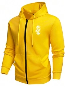 全新秋冬男士連帽外套美式復古龍紋印花抽繩口袋拉鍊設計 - 黃色 - 查看 3