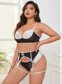 5pcs/Set Plus Size Women's Sexy Lingerie Set (With Underwire, Triangle Panty, Waistband, 2 Leg Rings)