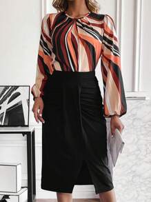 SHEIN Clasi Printed Lantern Sleeve Shirt And Skirt Set