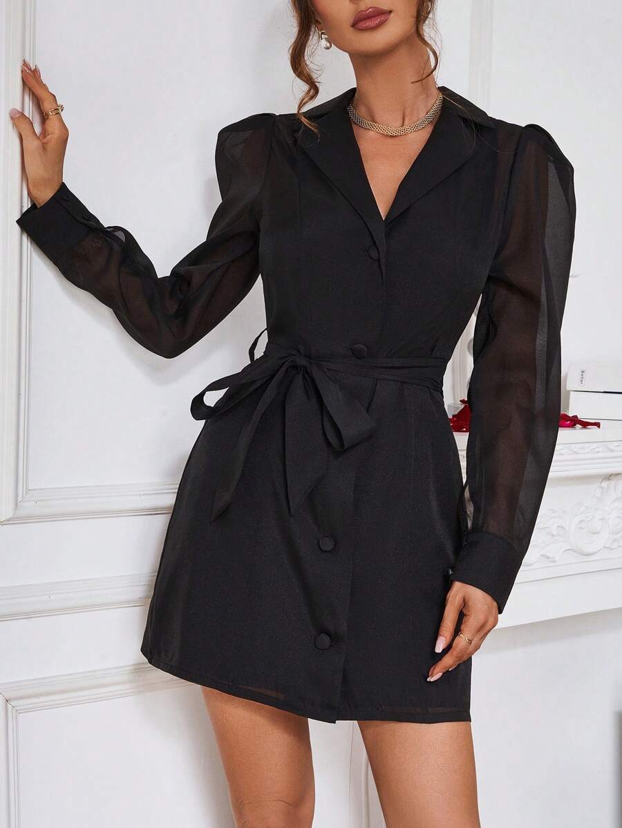 SHEIN Clasi Chiffon Puff Long Sleeve Belted Shirt Dress - Black - View 1