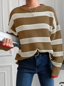 EURMUSE Của phụ nữ Sọc Lỏng lẻo Áo len - Lạc đà - Xem 4
