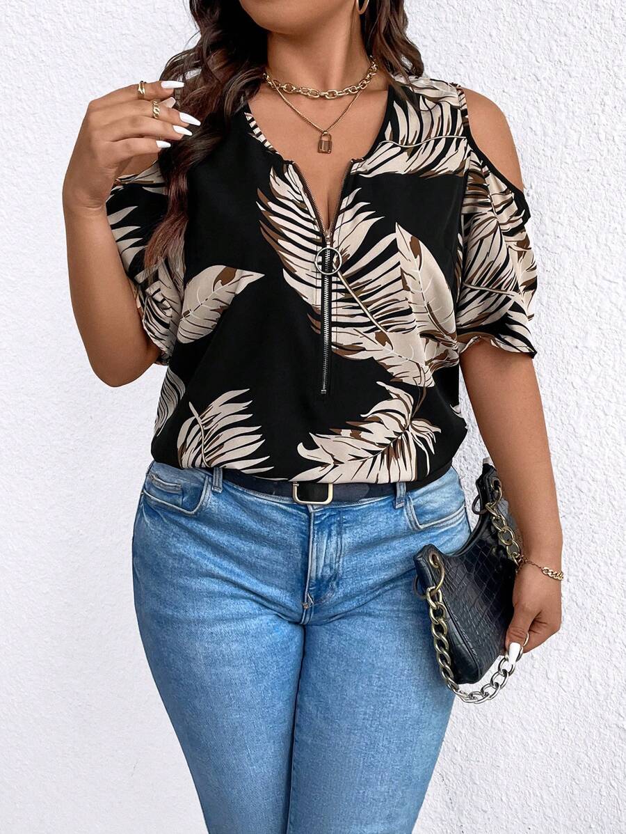 SHEIN LUNE Áo cánh nửa khóa kéo in họa tiết nhiệt đới mùa hè cỡ lớn - màu đen - Xem 1