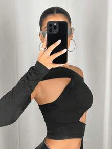 SHEIN ICON Ladies' Asymmetrical Neckline Hollow Out Long Sleeve T-Shirt - Dark Grey - View 7