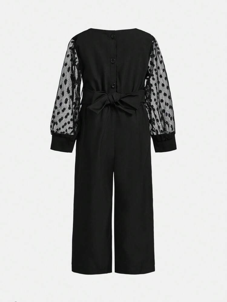 Baby Girl Polka Dot Mesh Sleeve Patchwork Jumpsuit With Front Chain Decoration