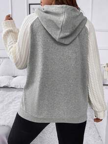 SHEIN LUNE Plus Size Colorblock Hooded Sweatshirt With Drawstring - Light Grey - View 2