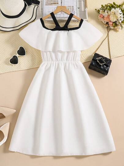 少女撞色飾邊拼色連身裙