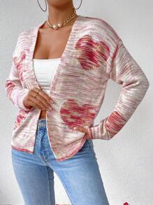 SHEIN Essnce Cardigan With Heart Pattern And Drop Shoulder Design - Multicolor - View 1