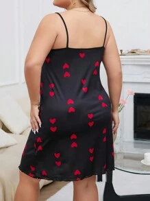 Plus Size Women's Heart Printed Spaghetti Strap Pajama Night Dress - Black - View 2