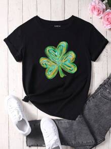 SHEIN EZwear 三葉草圖案印花短袖t恤 - 黑色 - 查看 1