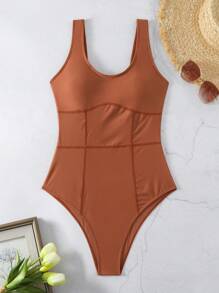 SHEIN Swim 女士纯色连体泳衣，撞色缝线，嘉年华夏季 - 棕色 - 查看 5