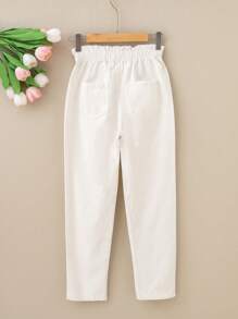 童年女孩舒適休閒高腰錐形牛仔褲,腰部收攏設計 - 白色 - 查看 2