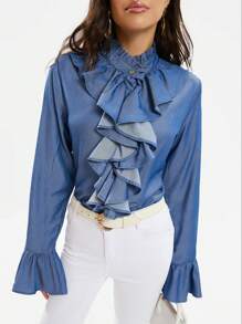 GENKIRA Women'S Long Sleeve Shirt With Ruffle Hem Fall Cloth For Women - Medium Wash - View 5