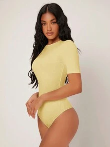 SHEIN BASICS 女士短袖緊身連體衣 - 芥末黃 - 查看 1