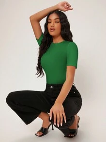 SHEIN BASICS Women's Solid Color Short Sleeve Bodysuit/Summer - Dark Green - View 3