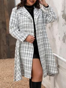 SHEIN LUNE 大尺碼女裝格紋雙扣羊毛大衣 - 米色 - 查看 4