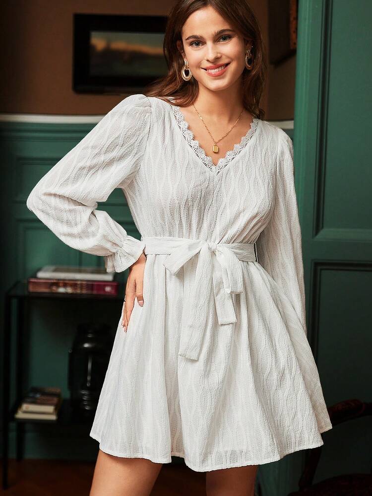 White Dress Lace Trimmed Ruffle Sleeve Dress Winter Casual