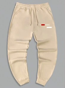 Manfinity Homme 男士字母印花束口褲 - 杏色 - 查看 3