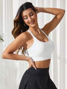 SHEIN Yoga Basic Crossback Hook-And-Eye Closure Sports Bra With Criss-Cross Detail - White - View 4