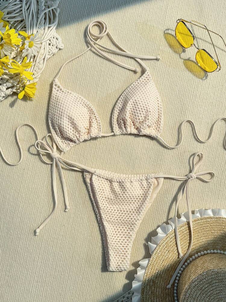 Women's Textured Halter Neck Split Bikini Set Summer