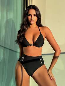 SHEIN Swim 女士纽扣细节比基尼套装音乐节夏季海滩 - 黑色 - 查看 2