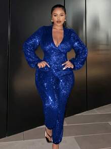 Slaydiva Plus Size Women's Deep V-Neck Shiny Jumpsuit - Royal Blue - View 5