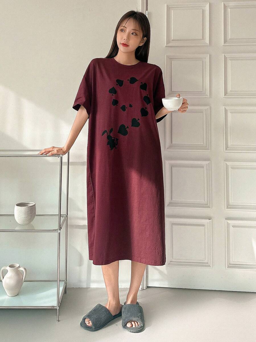 DAZY Của phụ nữ Mẫu thỏ Ngắn tay Vòng cổ Trang phục mặc nhà Đầm - Màu Đỏ Sâu - Xem 1