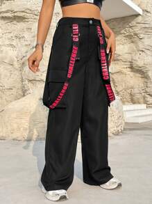 SHEIN Coolane Pantalones Cargo Con Decoración De Correas Con Diseño De Letras - Negro - Ver 1