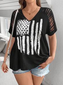 SHEIN LUNE Kích thước lớn Sọc In Sao Xu hướng: Cắt giảm Áo thun - màu đen - Xem 4