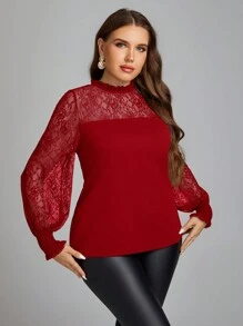 SHEIN Clasi Plus Size Women's Lace Patchwork Top - Red - View 1