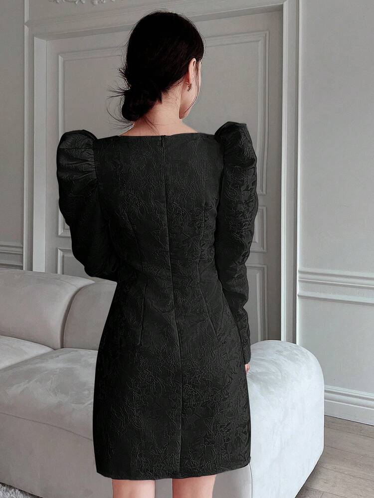 Women's Chinese Style Split Neckline Dress With Gigot Sleeve And Side Slits