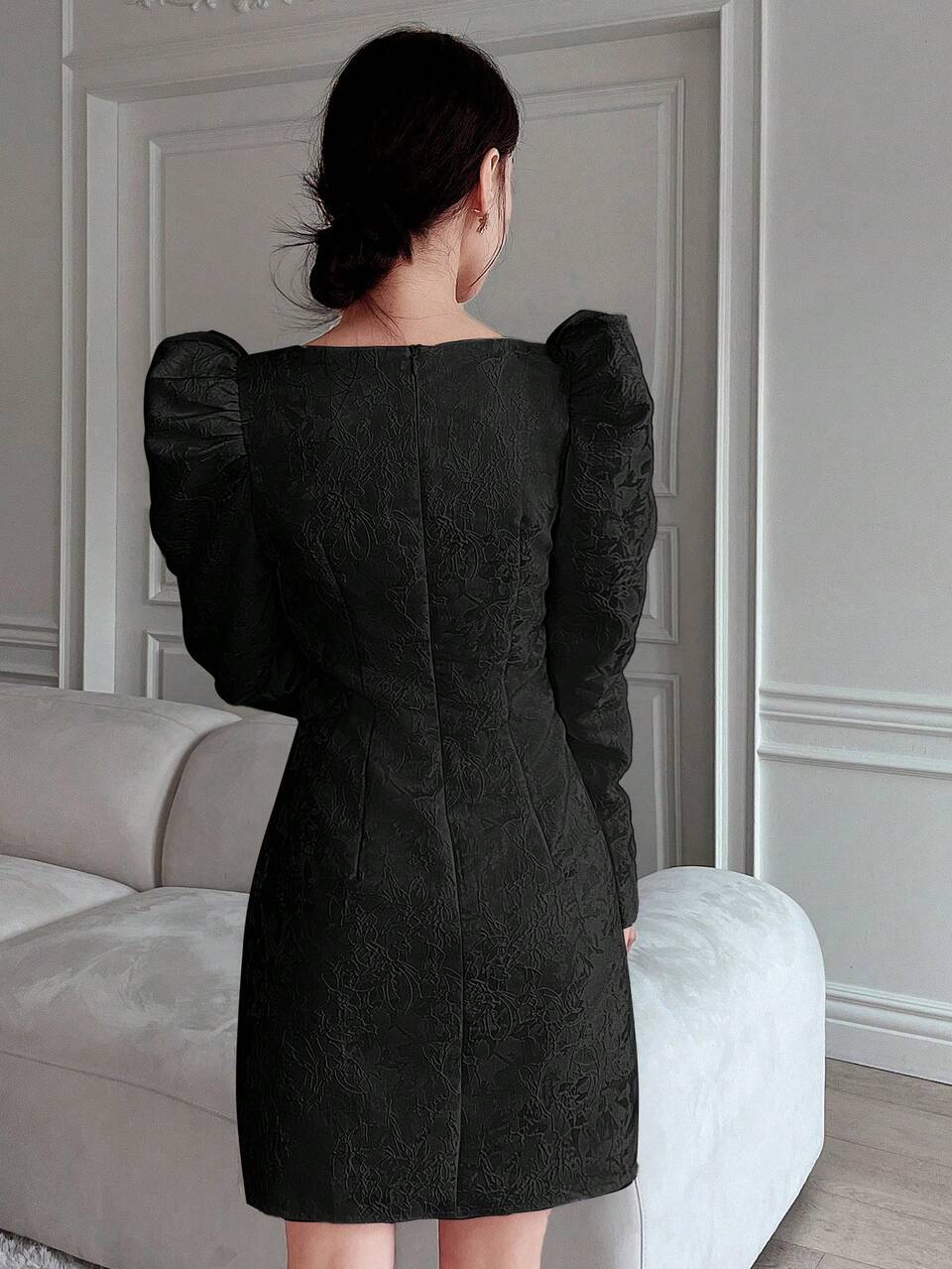 Women's Chinese Style Split Neckline Dress With Gigot Sleeve And Side Slits