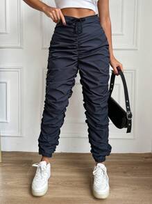 EURMUSE Pantalones Arrugados Con Puños Elásticos Para Mujer - Azul Marino - Ver 1