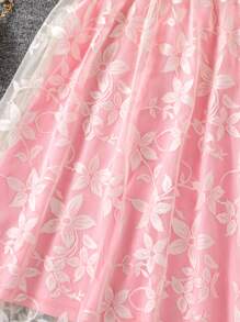 Tween Girls' Casual Vacation Ruffled Crop Top And Floral Mesh Overlay Skirt Set - Pink - View 4