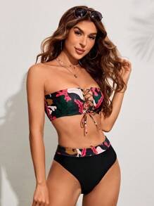 SHEIN Swim Summer Shirred Bandeau Bikini Set - Multicolor - View 4