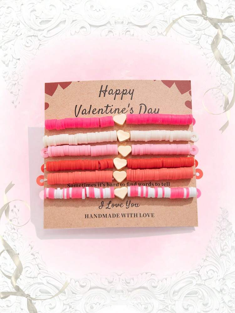 6pcs Sweet & Cute Heart Shaped Beaded Soft Clay Bracelet Set For Women, Ideal For Daily Wear, Friends' Gathering And Valentine's Day Gift (Bracelet+Card)