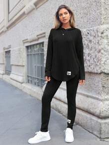 SHEIN Essnce Knitted Ribbed Long Sleeve T-Shirt And Leggings Set - Black - View 5