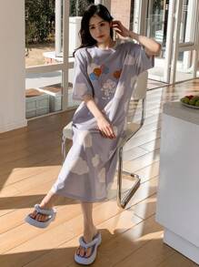 DAZY Cartoon Cloud Print Round Neck Sleep Dress Pajama - Blue - View 1