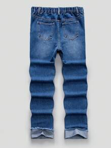 SHEIN Teen Boys' Deep Blue Distressed Frayed Hem Denim Jeans With Abrasion - Blue - View 2