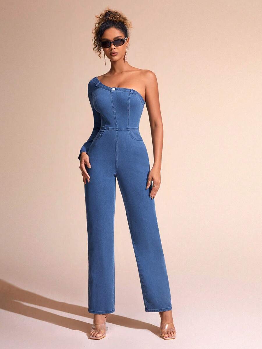 SHEIN BAE 女士牛仔單肩長袖連身褲 - 藍色 - 查看 1