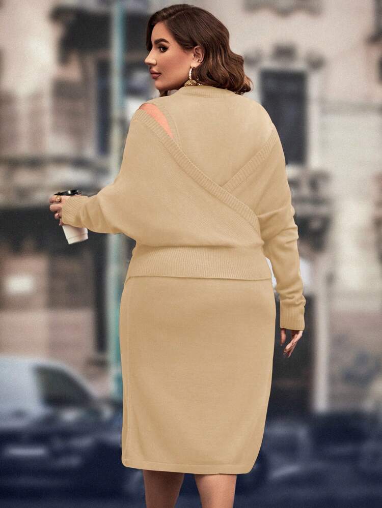 Plus Size Stand Collar Long Sleeve Knit Sweater And Knitted Skirt Set Fall Cloth For Women