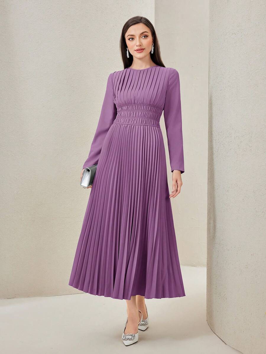 Modelyn Vestido Largo Plisado Con Cintura Fruncida, Espalda Con Cerradura - Púrpura polvoriento - Ver 1
