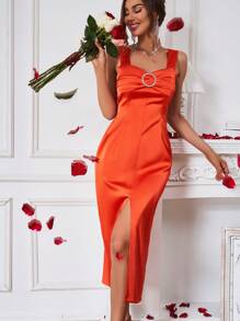 Zolique Women's Split Hem Spaghetti Strap Dress - Orange - View 4