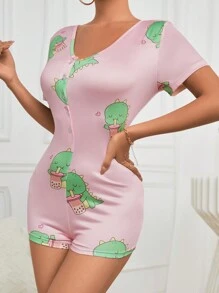 女款短袖恐龍印花睡衣連身衣 - 彩色 - 查看 6