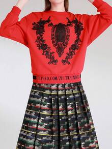 Women's Simple, Fashionable, Comfortable Velvet Lace Patchwork Round Neck Long Sleeve Sweatshirt - Multicolor - View 3